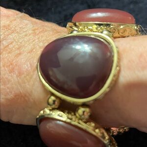 Stretchable Gold-Tone Bracelet with Deep Maroon Gemstones - Women Jewelry